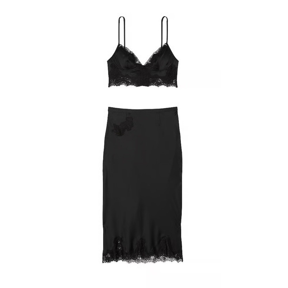 Victoria's Secret VERY SEXY Satin Black  Bralette & Midi Skirt Set Large NWT